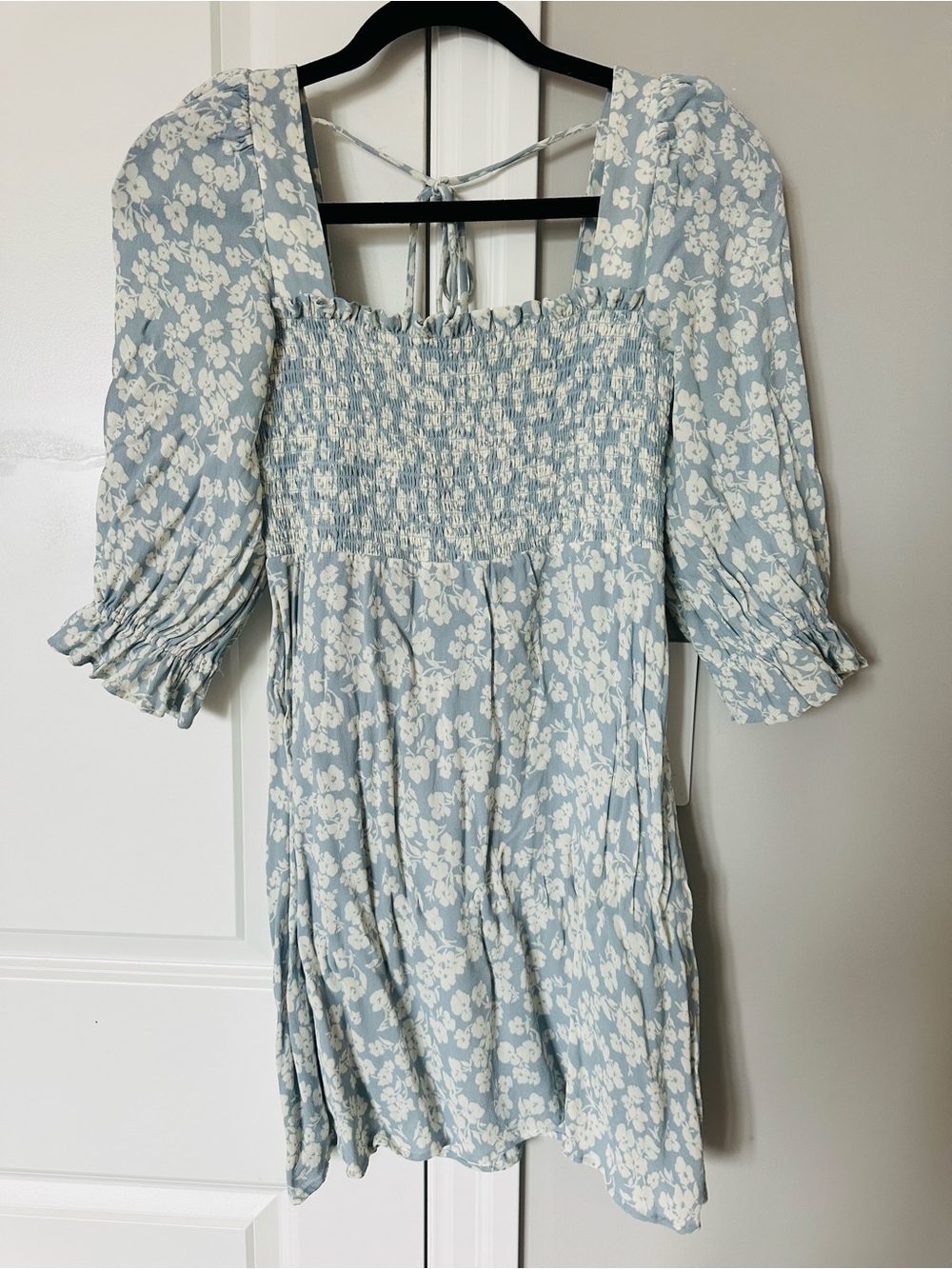 Reformation Light Blue Floral Smocked Puff-Sleeve Dress